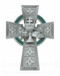 First Holy Communion Celtic Wall Cross. 4 3/4" Pewter Celtic Cross with Green Enamel. Bread and Chalice adorn the center of the wall cross. Packaged in a deluxe gift box