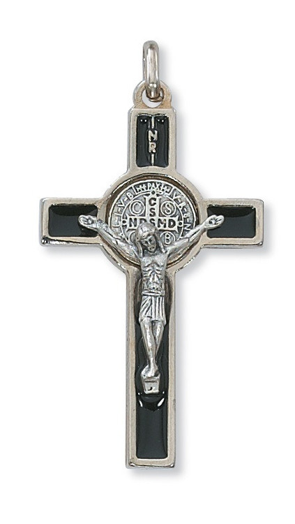 2" Black Enamel St. Benedict Crucifix Pendant. Includes a leather cord and is packaged in a deluxe gift box.
