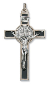 3" Black Enamel St. Benedict Crucifix Pendant. Includes a leather cord and is packaged in a deluxe gift box