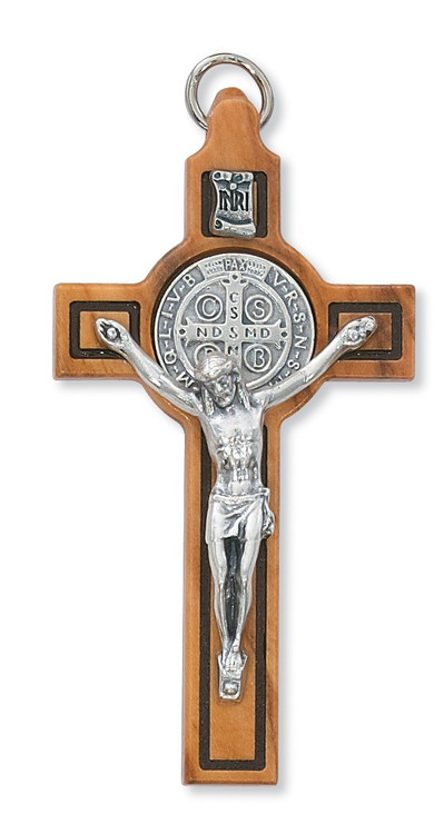 3" Olive Wood St. Benedict Crucifix Pendant. Includes a leather cord and is packaged in a deluxe gift box