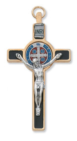 Black Enamel 3" Gold St. Benedict Crucifix Pendant with and Blue and Red Enamel Center . Includes a leather cord and is packaged in a deluxe gift box.