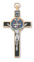 Black Enamel 3" Gold St. Benedict Crucifix Pendant with and Blue and Red Enamel Center . Includes a leather cord and is packaged in a deluxe gift box.