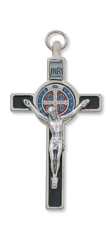 3" Silver with Black Enamel with Blue and Red Enamel Center St. Benedict Crucifix Pendant. Includes a leather cord and is packaged in a deluxe gift box.