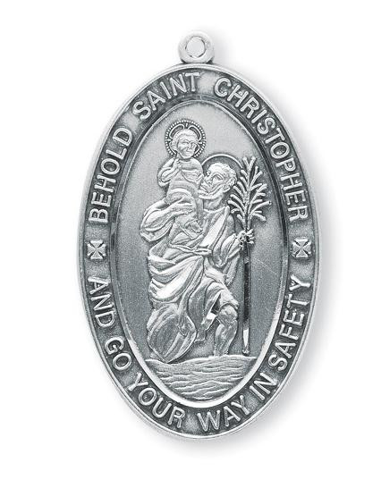 Solid .925 Sterling Silver Oval St. Christopher Medal. Oval St. Christopher Medal comes on a 24" genuine rhodium plated endless curb chain. Comes in a deluxe velour gift box. Dimensions: 1.4" x 0.8" (35mm x 21mm). Weight of medal: 6.6 Grams. Made in USA.
