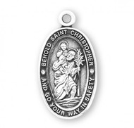 13/16" St. Christopher Medal. Medal is .925 sterling silver with an 18" Genuine rhodium plated curb chain. Dimensions: 0.8" x 0.4" (21mm x 11mm). Medal comes in a deluxe velour gift box. Made in the USA