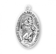 1 3/8" St. Christopher Medal. Medal is .925 sterling silver with a 24" Genuine rhodium plated endless curb chain. Dimensions: 1.4" x 0.8" (36mm x 21mm). Medal comes in a deluxe velour gift box. Made in USA.
