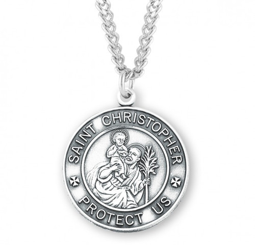 1 1/8" St. Christopher Medal with 24" Chain. Dimensions: 1.1" x 0.9" (28mm x 24mm). Medal is .925 sterling silver and comes a with a 24" genuine rhodium plated endless curb chain. Medal comes in a deluxe velour gift box. Made in the USA. 