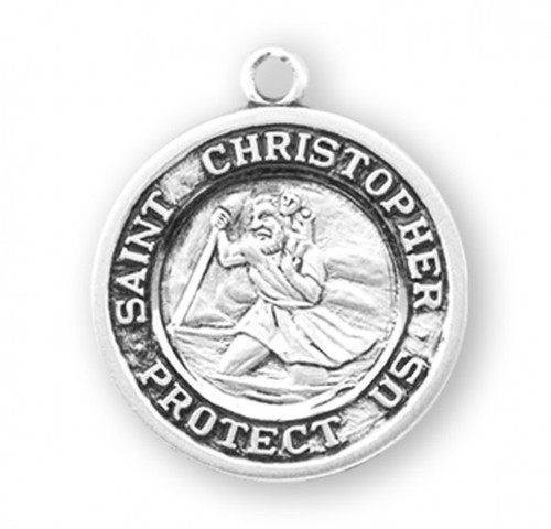 7/8" St. Christopher Medal with 18" Chain. Medal is .925 sterling silver with a genuine rhodium-plated, 18" stainless steel chain. St Christopher medal comes in a deluxe velour gift box. Made in the USA