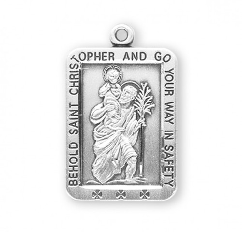1 1/16" rectangular St. Christopher Medal with 24" Chain. "Behold Saint Christopher and go your way in safety" is etched around outside of medal. Dimensions: 1.1" x 0.7" (27mm x 17mm). Medal is .925 sterling silver with a genuine rhodium-plated, 24" endless curb chain. St Christopher medal comes in a deluxe velour gift box. Made in the USA