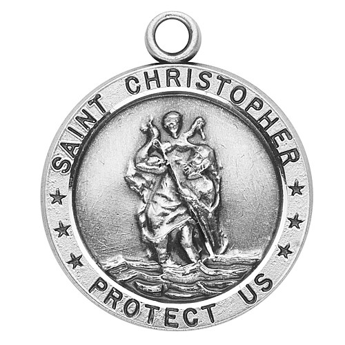 5/16" St. Christopher Medal with 24" Chain. Medals are all sterling silver with a genuine rhodium-plated, stainless steel chain. Comes in a deluxe velour gift box