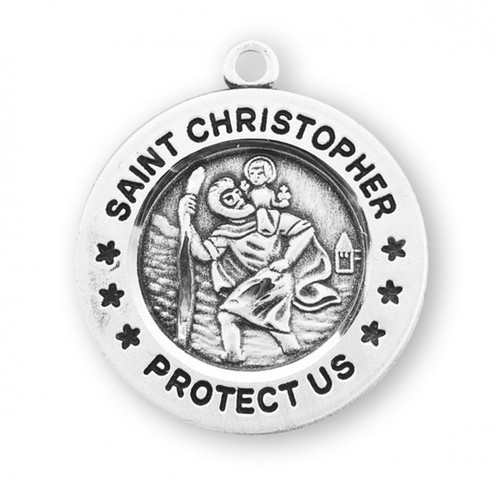 7/8" Sterling Silver Saint Christopher round medal-pendant.  Dimensions: 0.9" x 0.8" (22mm x 20mm). An 18" Genuine rhodium plated curb chain is included. Medal comes in a deluxe velour gift box. Made in the USA