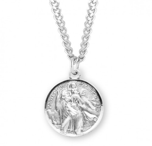 7/8" Sterling Silver St. Christopher Medal (front) St. Raphael medal (back). Sterling Silver Saint Christopher/St Raphael Sterling Silver  Medal is also available in 16K Gold over Sterling Silver. Medal comes on a 24" genuine rhodium plated endless curb chain.  Dimensions: 0.9" x 0.8" (23mm x 20mm). Deluxe velvet gift box. Made in the USA