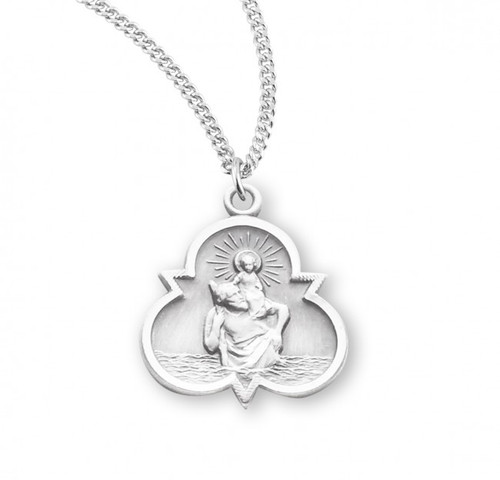 Saint Christopher Sterling Silver Trinity Symbol.  St. Christopher Medal  comes on an 18" genuine rhodium plated curb chain.  Dimensions: 0.8" x 0.7"(21mm x 18mm).  A deluxe velour gift box is inccluded. Made in the USA. 