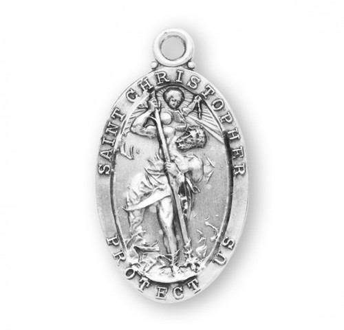 Saint Christopher oval medal-pendant. St. Christopher Medal comes on a 24" genuine rhodium plated endless curb chain. Dimensions: 1.3" x 0.7" (32mm x 18mm).  Comes in a deluxe velour gift box. Made in USA.