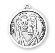 Saint Christopher Round Sterling Silver Medal.  St. Christopher Medal comes on a 18" Genuine rhodium plated curb chain.  Dimensions: 0.8" x 0.8" (23mm x 21mm).  Medal comes in a deluxe velour gift box. Made in the USA. 