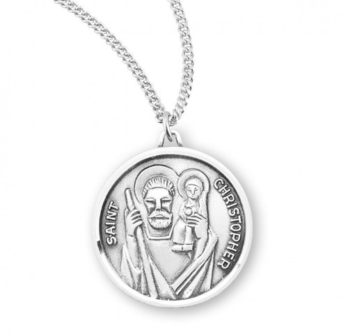 Saint Christopher Round Sterling Silver Medal.  St. Christopher Medal comes on a 18" Genuine rhodium plated curb chain.  Dimensions: 0.8" x 0.8" (23mm x 21mm).  Medal comes in a deluxe velour gift box. Made in the USA. 