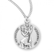 Sterling silver round St. Christopher Medal comes on a  20" G=genuine rhodium plated curb chain. Dimensions: 0.8" x 0.7"(21mm x 18mm).  St. Christopher comes in a deluxe velour gift box. Made in USA.