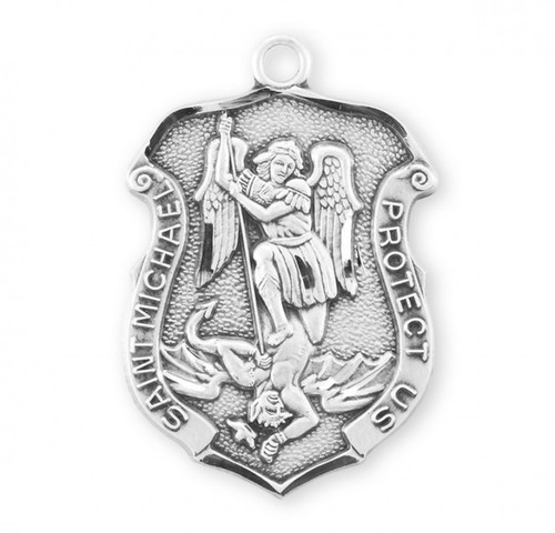 1.2" St. Michael Policeman's Badge Medal w/24" Chain. Medal is all sterling silver with a genuine rhodium-plated, 24" stainless steel chain. Weight of medal: 5.6 Grams..  Dimensions: 1.2" x 0.8" (30mm x 21mm). Medal presents in a deluxe velour gift box. Engraving Available. Made in the USA
