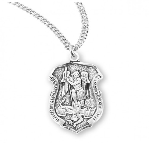 St. Michael Sterling Silver Policeman's Badge Medal. Dimensions: 0.9" x 0.6" (22mm x 14mm) St Michael Policeman's Badge Medal comes on a 20" Genuine rhodium plated curb chain with a genuine rhodium-plated chain. Presents in a deluxe velour gift box. 