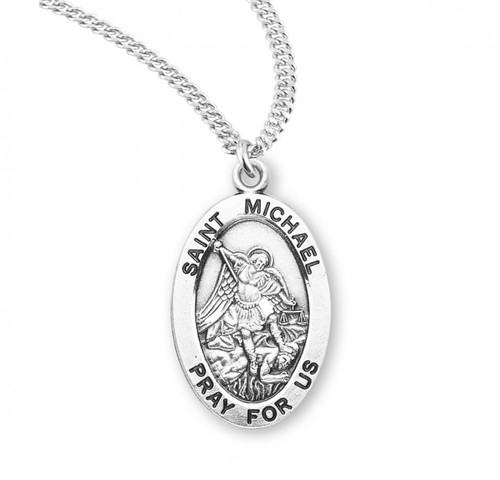 This St. Michael Sterling silver 7/8" oval medal comes with a 20" genuine rhodium plated curb chain. Medal comes in a deluxe velour gift box. Engraving option available. Made in the USA. Saint Michael the Archangel is the Patron Saint of Police, Law Enforcement.
Dimensions: 0.9" x 0.6" (22mm x 14mm)
Weight of medal: 1.9 Grams.

 