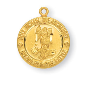 5/8" St. Michael Medal with a 18" Chain. Medal is 16k gold over .925 sterling silver. St Michael Medal comes on an 18" chain. St. Michael Medal comes in a deluxe velour box.  Dimensions: 0.6" x 0.6" (16mm x 14mm). Weight of medal: 1.4 Grams.  Made in the USA.