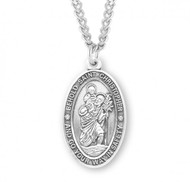The words "Behold St. Christopher and Go Your Way in Safety" etched around the edge of this 1 1/16" St. Christopher Medal.  Comes with a 24" Chain. Dimensions: 1.1" x 0.6" (28mm x 16mm). Medal is solid .925 sterling silver with 24" Genuine rhodium plated endless curb chain. Medal comes in a deluxe velour gift box