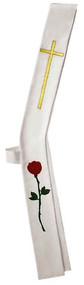 Deacon Stole  with Cross and Red Rose. Stole Measures: 5" wide by 26" from shoulders to hip and 26" from hip to bottom.  Stole measures 5" wide by 26" from shoulders to hip and 26" from hip to bottom. Available in all Liturgical Colors