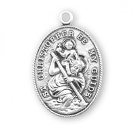1 5/16" St. Christopher Medal with 24" Chain. Medal is .925 sterling silver with a 24" Genuine rhodium plated endless curb chain. Medal comes in a deluxe velour gift box. Made in the USA. Engraving option available