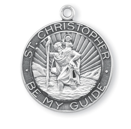 1 1/8" St. Christopher Medal with 24" Chain. St. Christopher is the Patron Saint of motorists and travelers. "Be My Guide" is written around the edge of medal. Medal is all sterling silver with a genuine rhodium-plated, stainless steel chain. St. Christopher medal comes in a deluxe velour gift box. Engraving option available.  Made in the USA!!