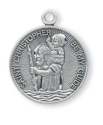 1" St. Christopher Medal. St Christopher medal is all sterling silver and comes on a genuine 24"rhodium-plated, stainless steel chain. St Christopher medal  comes in a deluxe velour gift box. Engraving option available. Made in the USA!