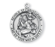 1" Sterling  Silver  St. Christopher Medal with 24" Chain "Behold St. Christopher and Go Your Way in Safety" around edge of medal. Medals are all sterling silver with a genuine rhodium-plated, stainless steel chain. Comes in a deluxe velour gift box
