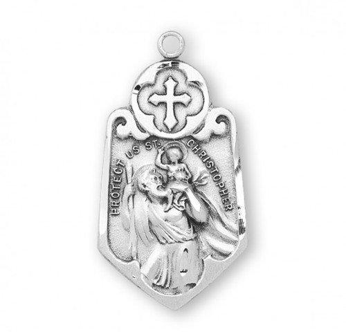 Saint Christopher Sterling Silver Medal. St. Christopher Medal comes on a 24" genuine rhodium plated endless curb chain.  Dimensions: 1.2" x 0.7" (31mm x 17mm). A deluxe velour gift box is included. Made in the USA

