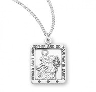 Saint Christopher Square Sterling Silver Medal.  "Behold St. Christopher and Go Your Way Safely" around edge of medal.  Sterling Silver St. Christopher Medal comes on an 18" genuine rhodium plated curb chain. Dimensions: 0.9" x 0.6" (22mm x 16mm). Medal comes in a deluxe velour gift box. Made in the USA.