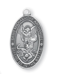 1.1" St. Michael Sterling Silver (.925) Oval Medal with a genuine rhodium-plated, endless 24" curb chain. Deluxe velour gift box. Engraving Available. Patron Saint of Police and Law Enforcement.

 .