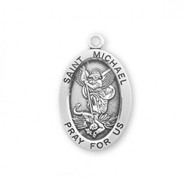 1.3" Sterling Silver St. Michael Oval Medal comes with a genuine rhodium-plated, 24" endless curb chain. Medal comes in a deluxe velour gift box. Engraving Available. Made in the USA