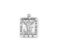 1 1/16" St. Michael Sterling Silver Square Medal.  Medal is .925 sterling silver with a genuine 24" rhodium-plated endless curb chain. The St. Michael Sterling Silver Rectangular medal comes in a deluxe velour gift box. Saint Michael the Archangel is the Patron Saint of Police, Law Enforcement. Engraving Available. Made in the USA. Also available in 13/16" (S1671/20)