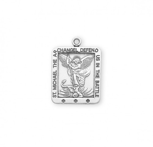 St. Michael Square Medal is .925 sterling silver. The square medal comes on a 20" genuine rhodium plated curb change and is made in the USA! Dimensions: 0.9" x 0.6" (22mm x 16mm). Medal comes in a deluxe velour gift box. Engraving Available. Also available in 1 1/16"