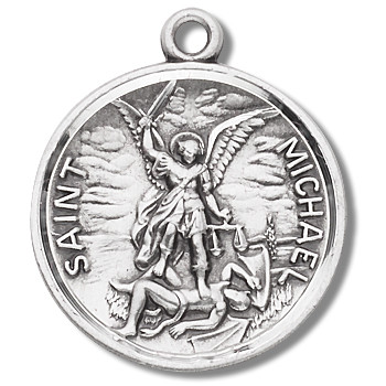St. Michael Sterling Silver Round Medal. Dimensions: 0.9" x 0.8" (23mm x 20mm). This medal 925 solid sterling silver medal depicting St Michael defeating the devil comes on  a 24" genuine rhodium plated endless curb chain. Medal comes in a deluxe velour gift box