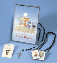 My First Mass Book, Hardcover Wallet Set for Boys. Makes a beautiful, affordable gift for the First Communicant! Comes in Vinyl Case. Gift Set includes:

Blue Hardcover Pocket Missal
Black Rosary w/Chalice Centerpiece
Rosary Case
Scapular
First Communion Enameled Lapel Pin
Clear Vinyl Keepsake Case
 