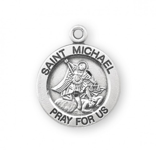 Sterling Silver St. Michael Round Medal. Medal is a solid .925 sterling silver. The St. Michael medal comes with a 18" genuine rhodium plated curb chain.  Dimensions: 1.4" x 0.8" (32mm x 21mm). Medal comes in a deluxe velour gift box. Engraving Available