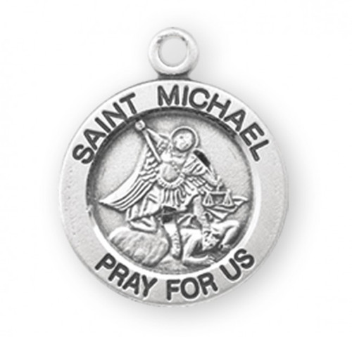 St Michael Round Sterling Silver Medal. The dimensions are 18mm (0.7"). Medal comes with n 18 genuine rhodium plated curb chain and is made in the USA. Medal comes in a deluxe velour gift box.  Engraving available. 