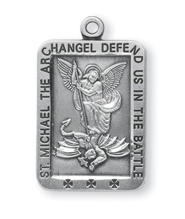 1.1" x 0.7" Rectangular St. Michael Medal.  This sterling silver medal comes with a 24" genuine rhodium plated endless curb chain. Medal comes in a deluxe velour gift box. Engraving available. Made in the USA!
