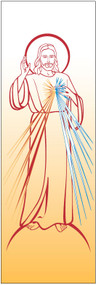 Divine Mercy Banner ~ creates a warm atmosphere, inspiring peace, quiet and prayer. In Raytex DM, 100% man-made.
Measurements: 9-7/8 X 3-1/4 feet. Finished at top with open hem; with wooden rod, two wooden apples and hanging cord. Metal dowel at bottom incorporated into hem. These items are imported from Europe. Please supply your Institution’s Federal ID # as to avoid an import tax.  Please allow 3-4 weeks for delivery if item is not in stock.