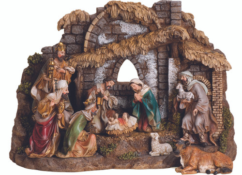 This detailed nativity set and stable is the perfect Christmas decoration and allows for you to rearrange the nativity scene. This nativity set comes with 10 pieces and the stable. Enjoy the Christmas season with this nativity set. The stable is extremely detailed and unique. The ten piece set include baby Jesus, Mary, Joseph, the shepherd, the three wise men, and an ox and sheep. The set can be rearranged for different looks and is a great way to teach your kids about the nativity story.The nativity set is made of a resin and stone mix. Stable dimensions: 11”H x 16”W x 6.5”D  with varying heights of the figures.