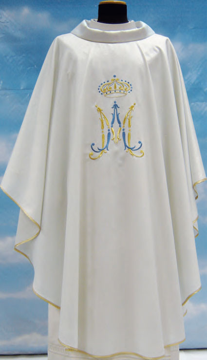 Chasuble in Papale lana, (95% pure wool, 5% silver thread) Marian symbol embroidered in front and back; inside stole.  These items are imported from Europe. Please supply your Institution’s Federal ID # as to avoid an import tax. Please allow 3-4 weeks for delivery if item is not in stock