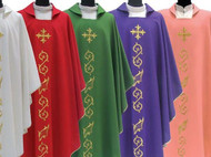 Primavera Chasuble with Square Collar. Includes underlay stole. Size: 51". These items are imported from Europe. Please supply your  Institution’s Federal ID # as to avoid an import tax.  Please allow 3-4 weeks for delivery if item is not in stock