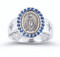 Sterling Silver Miraculous Medal Ring encircled with 23 Sapphire Cubic Zirconium Crystals. Ring comes in a deluxe velour gift box. Sizes 5-8. Limited Lifetime Guarantee from defects in material and workmanship