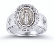 Sterling Silver Miraculous Medal Ring encircled with 23 Crystal Cubic Zirconium Crystals. Ring comes in a deluxe velour gift box. Sizes 5-8. Limited Lifetime Guarantee from defects in material and workmanship