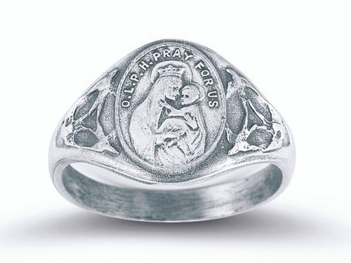 Sterling silver Our Lady of Perpetual Help Ring with Sacred Heart Inside.  Comes in a deluxe velour gift box. Sizes 5-9. Made in the USA. 