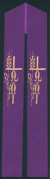 Overlay Stole is picPriest Overlay or Deacon Stole 
Beautifully Raised Multicolor Swiss Schiffli Embroidery 
Lined and interlined texturized fortrel polyester
Available in all liturgical colors
Approximate dimensions 55" x 6"tured